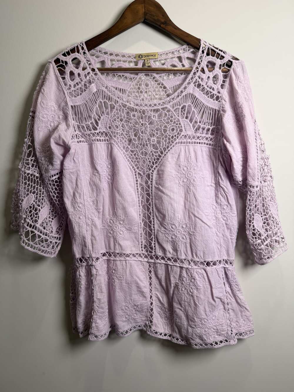 Democracy Small Lavender-Pink Crochet Lace Embroidered Long-Sleeve Peplum Blouse